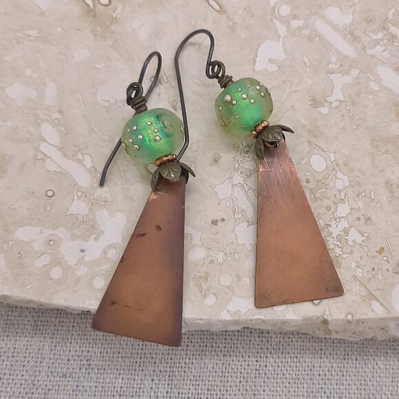 Embossed Copper Butterfly Wing Lampwork Boho Earrings - Picture 4 of 5